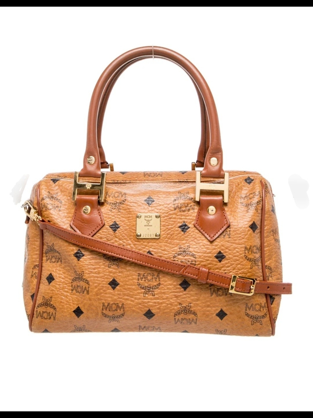 Authentic MCM Small Ella Boston Bag In Brown Visetos